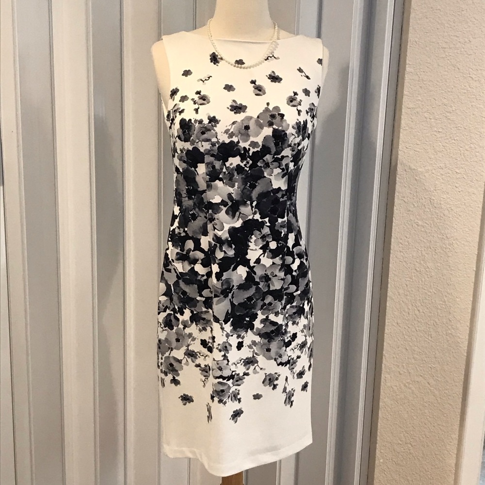 Black white and gray floral Maggie London dress.